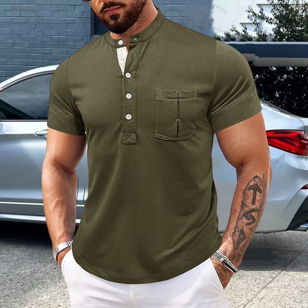 Herren T Shirt Henley Shirt Tee Kurzarm-Shirt T-Shirt Glatt Henley Urlaub Strasse Kurzarm Vordertasche Bekleidung Polyester Modisch Designer Basic Lightinthebox