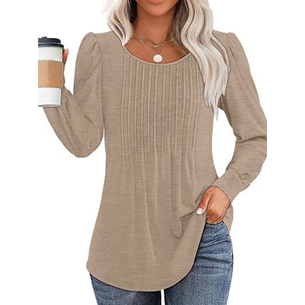 Damen Hemd Bluse Basic Brautkleider schlicht Feste Farbe Normale Oberteile Langarm Rundhalsausschnitt Rüschen Regular Fit Täglich Wein Grün Khaki Sommer Frühling Lightinthebox