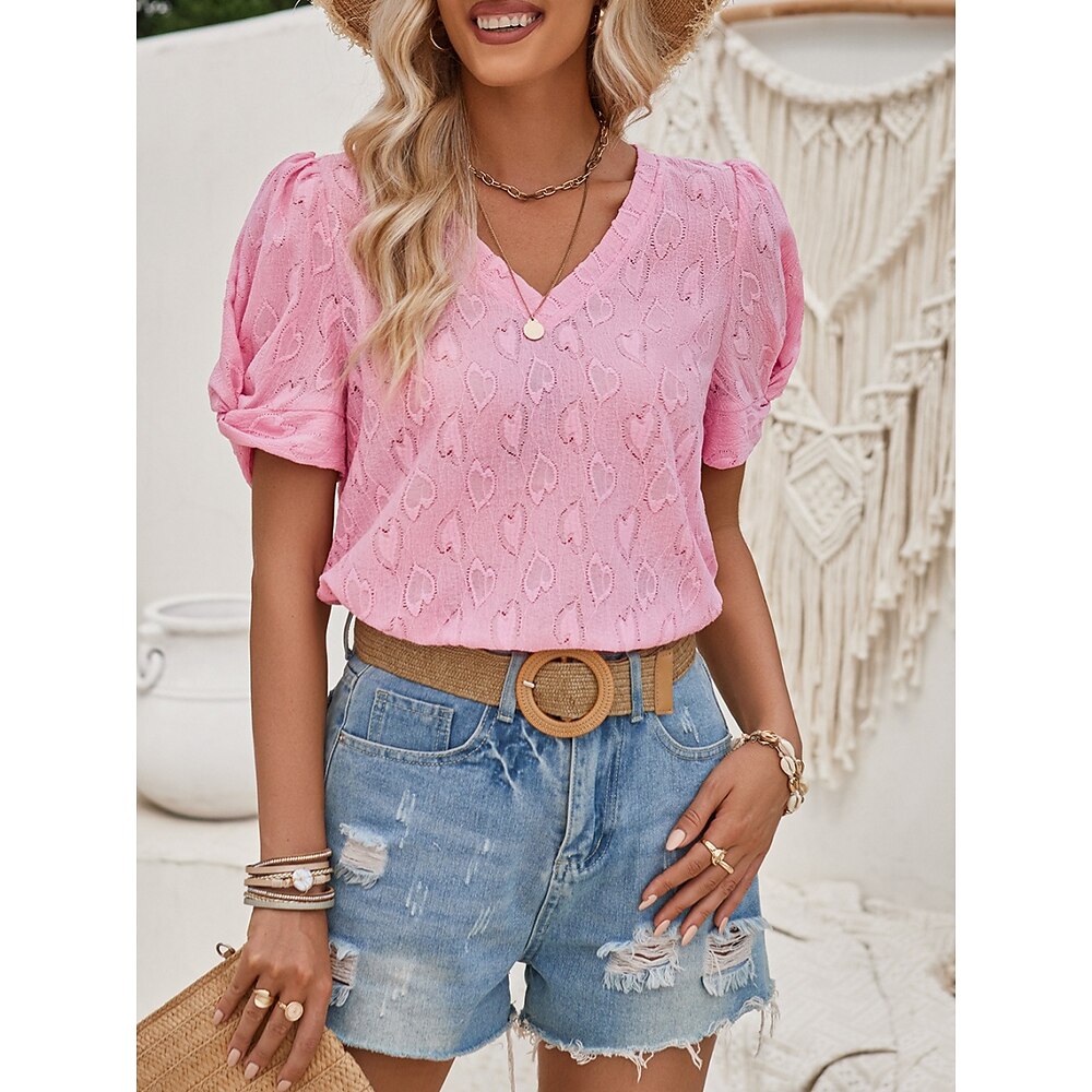 Damen Hemd Bluse Stilvoll Brautkleider schlicht Valentinstag Feste Farbe Normale Oberteile Kurzarm V Ausschnitt Regular Fit Täglich Rosa Blau Sommer Frühling Herbst Lightinthebox