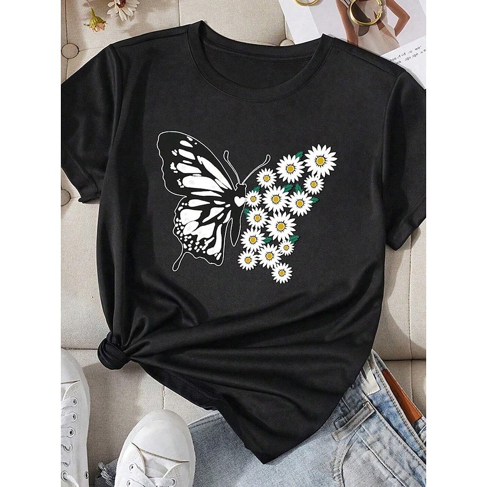 Damen T-Shirt Casual Schmetterling Gänseblümchen Regular Tops Kurzarm Rundhals Print Regular Fit Alltag Schwarz Sommer Lightinthebox