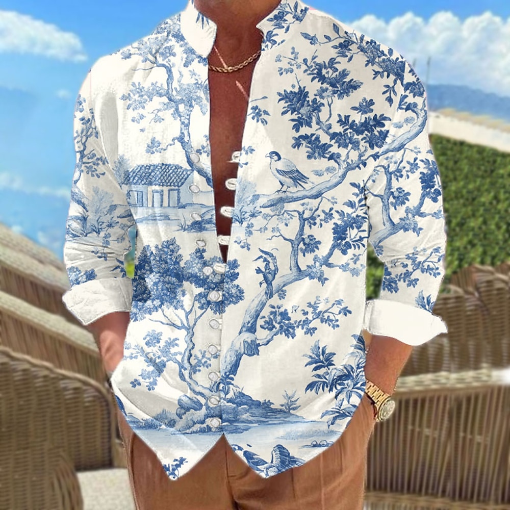 Herren Blumen Pflanzen Lässiges Hemd Aloha-Shirt Kurzarm Hawaiianisch Brautkleider schlicht Resort Urlaub Casual Sommer Frühling Ständer Knopf hoch Blau Lightinthebox