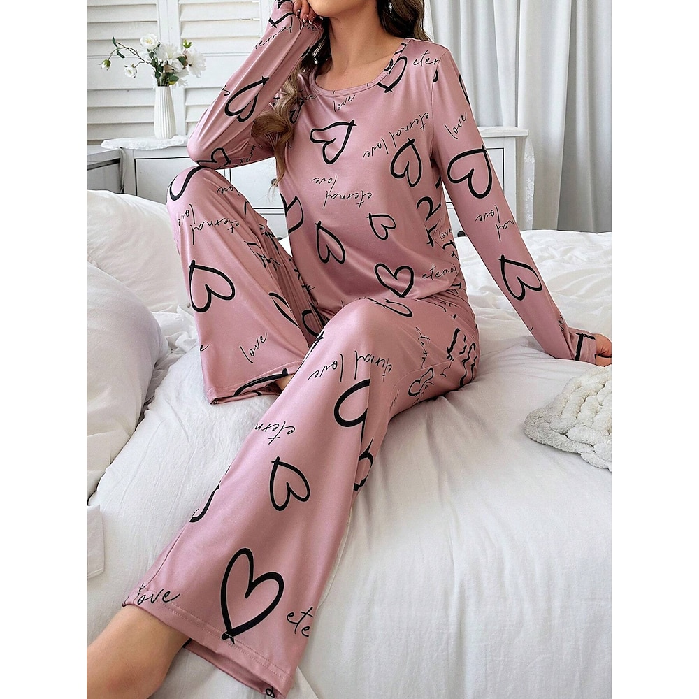 Damen Schlafanzug Set Brautkleider schlicht Komfort Herz T Shirt Hose Heim Langarm Rundhalsausschnitt Rosa Frühling Herbst Winter Lightinthebox