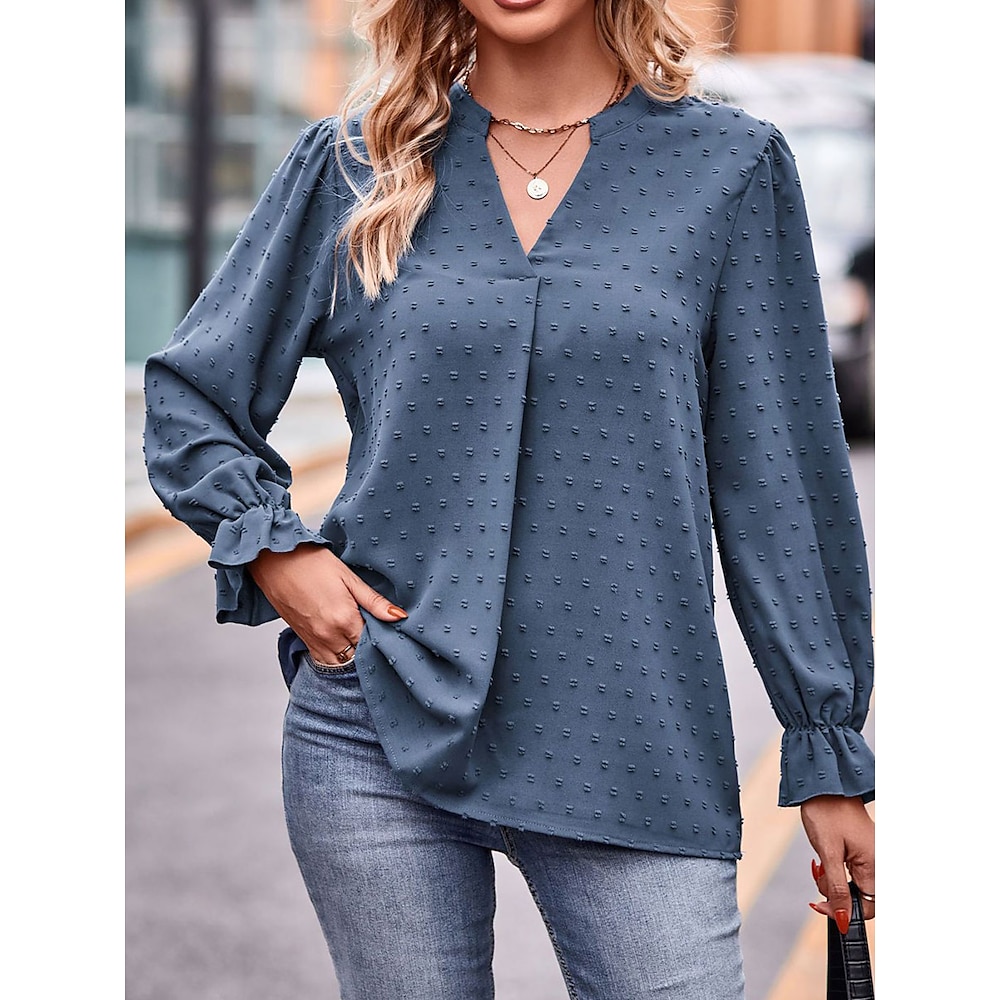 Damen Bluse Elegant Täglich Stilvoll Langarm Normale Oberteile V Ausschnitt Party Arbeit Täglich Wein Blau Frühling Herbst Lightinthebox