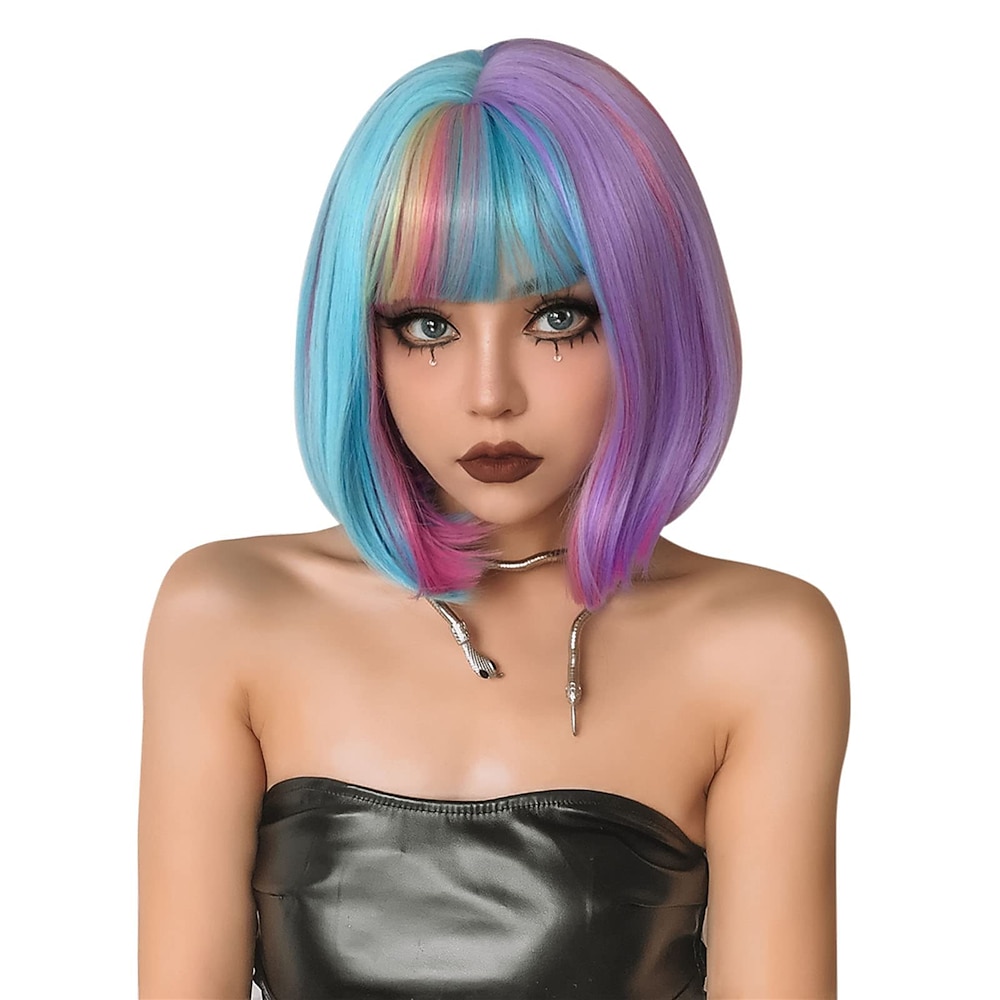 kurze Bob-Perücke im Regenbogen-Look mit Pony, kurze, farbenfrohe Bob-Perücke mit Fransen, rosa-blaue Farbe, Festival-Perücken mit Haarnetz, hitzebeständiges Synthetik für Frauen, Cosplay-Partys, den Lightinthebox