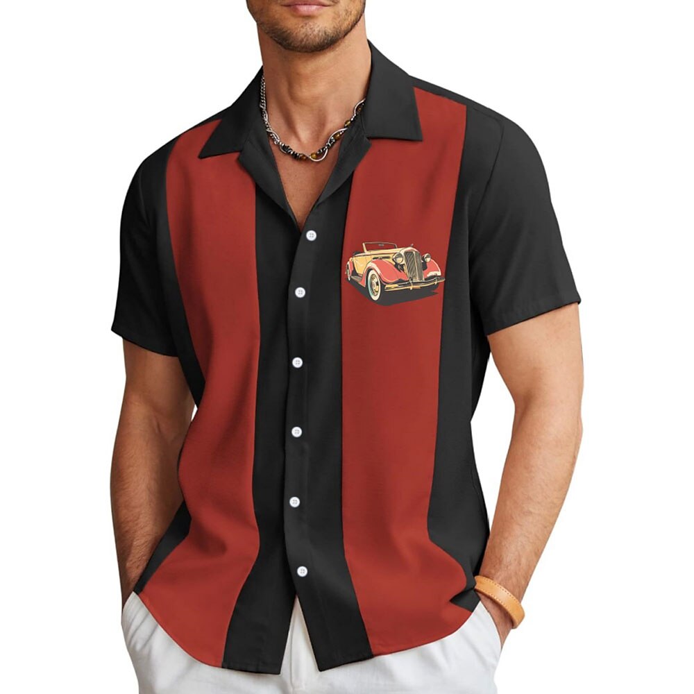 Herren Auto Lässiges Hemd Bowling-Shirt Kurzarm Vintage Brautkleider schlicht Normal Casual Sommer Frühling Kubanisches Halsband Knopf hoch Rote Lightinthebox