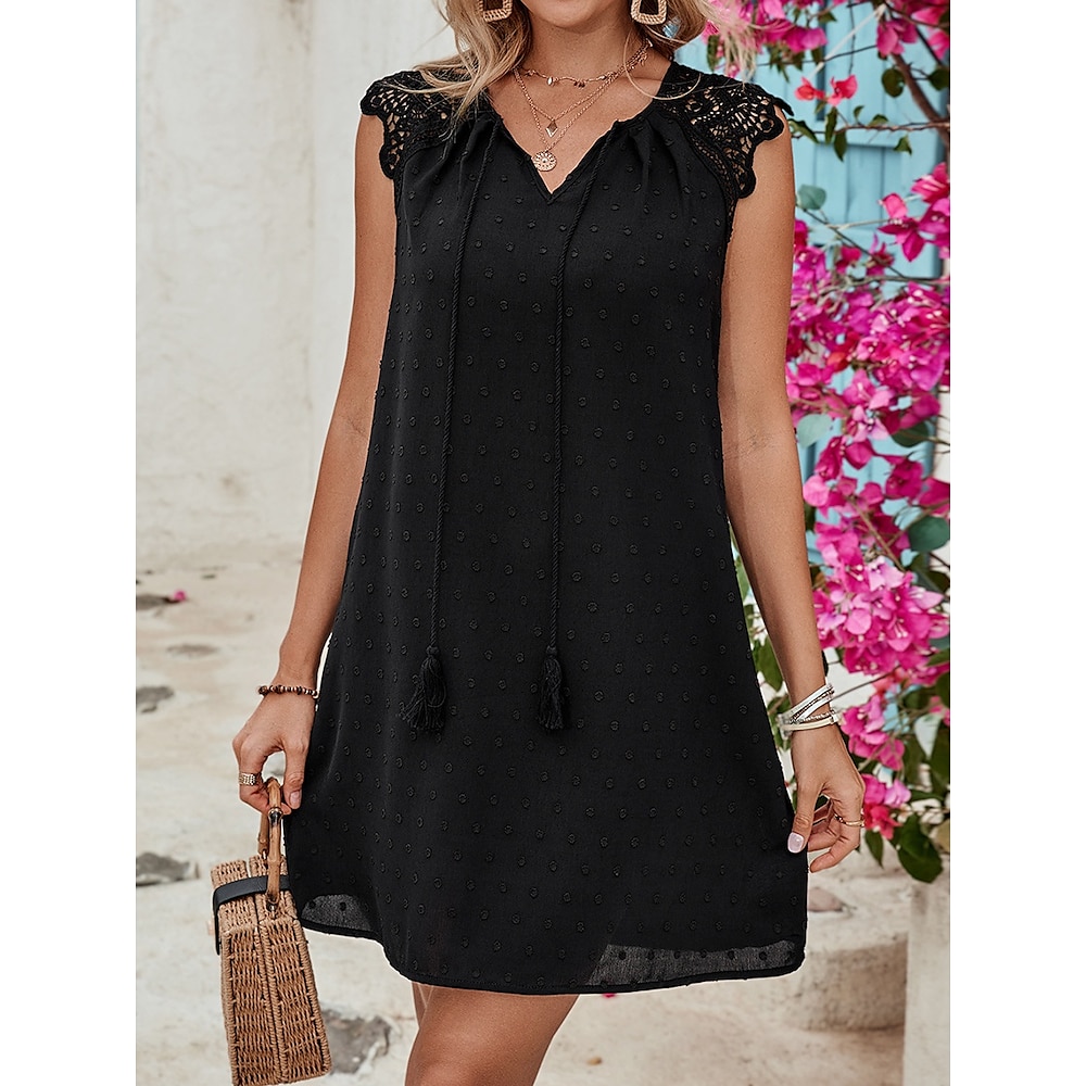 Damen schwarzes kleid Casual kleid Tank-Top Kleid Stilvoll Basic Brautkleider schlicht Glatt Minikleid Ärmellos V Ausschnitt Spitze Patchwork Regular Fit Urlaub Täglich Schwarz Sommer Frühling Lightinthebox