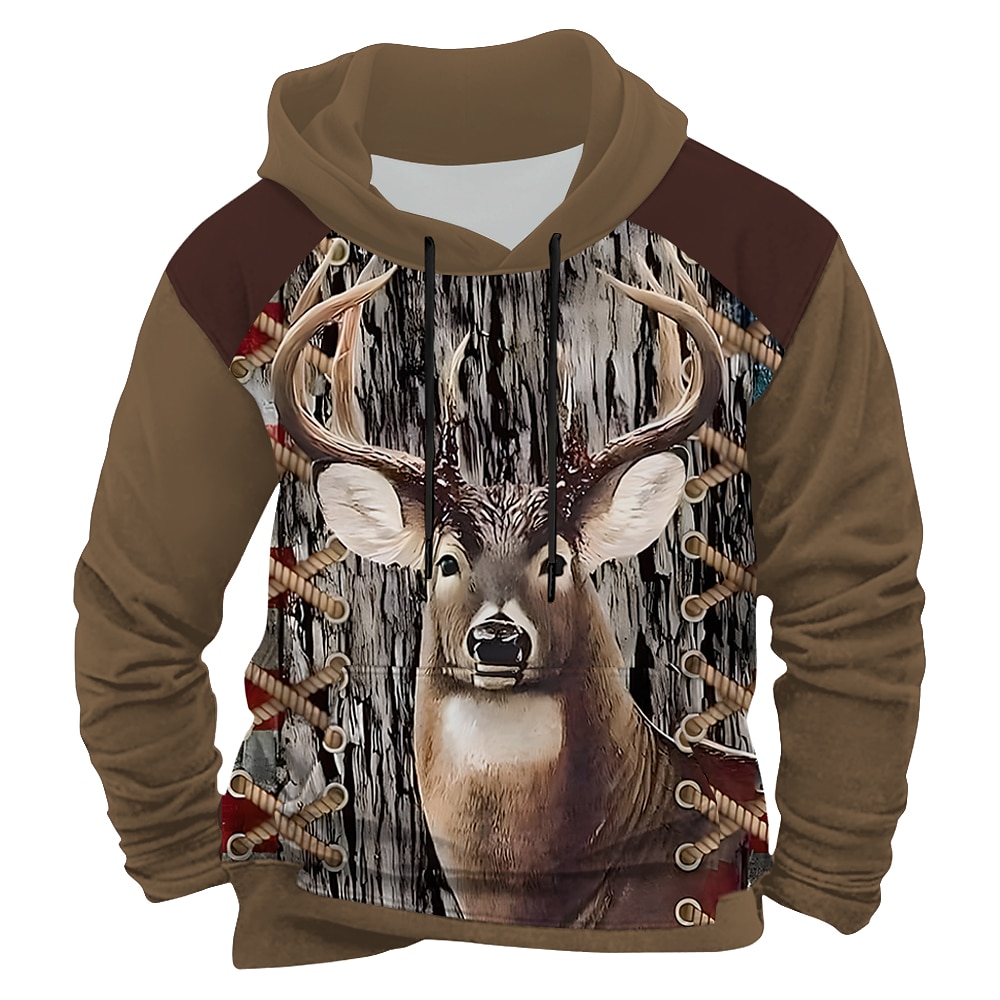 Herren Hirsch Hoodies Pullover Oberbekleidung Sweatshirt mit Kapuze Rundhalsausschnitt Ethnisch 3D-Druck Festtage Jagd Braun Dunkelgray Kordelzug Herbst Winter Designer Lightinthebox