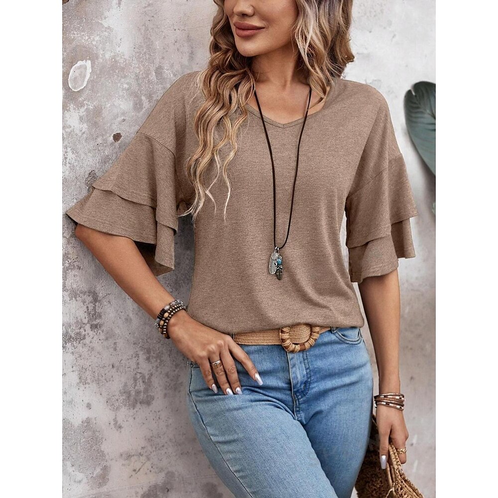 Damen T Shirt Modisch Modern Brautkleider schlicht Glatt Normale Oberteile 3/4 Ärmel V Ausschnitt Rüsche Regular Fit Täglich Wochenende Rosa Marineblau Khaki Sommer Frühling Lightinthebox