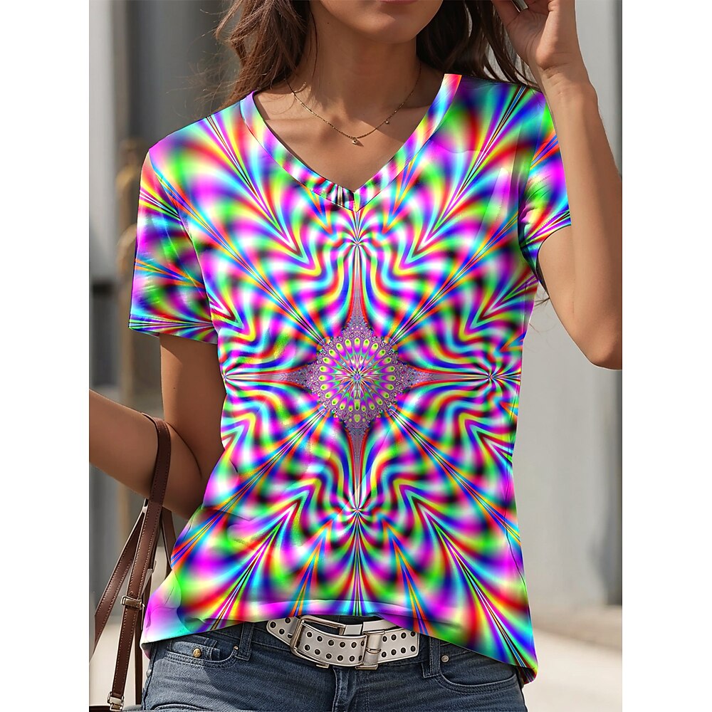 Damen T Shirt Stilvoll Brautkleider schlicht Geometrisch Normale Oberteile Kurzarm V Ausschnitt Bedruckt Regular Fit Täglich Regenbogen Sommer Lightinthebox