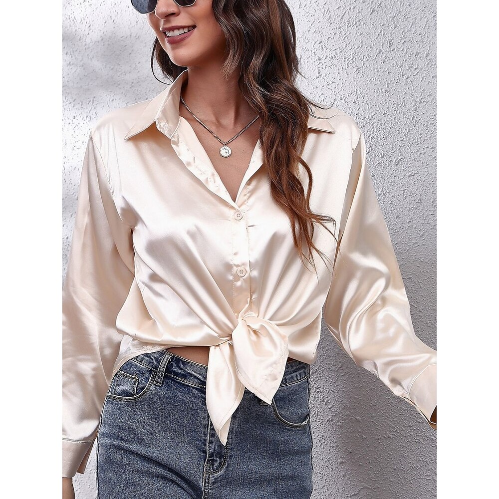 Damen Hemd Bluse Basic Brautkleider schlicht Feste Farbe Normale Oberteile Langarm V Ausschnitt Knopf Regular Fit Täglich Weiß Rote Beige Sommer Frühling Herbst Lightinthebox