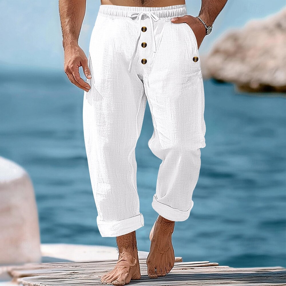 Herren Leinenhose Hose Hosen Sommerhosen Strandhose Knopf Kordelzug Elastische Taille Glatt Komfort Atmungsaktiv In voller Länge Casual Täglich Festtage Urlaub Modisch Schwarz Weiß Lightinthebox