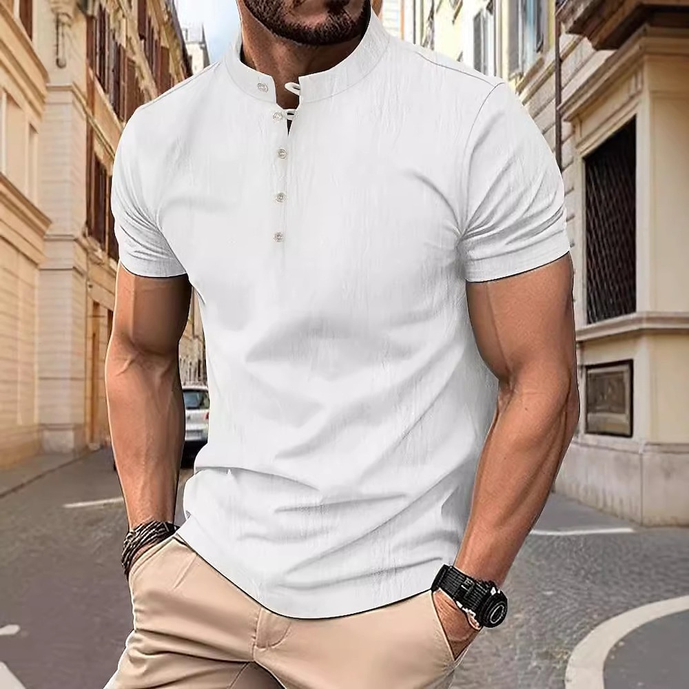 Herren T Shirt Henley Shirt Tee Kurzarm-Shirt T-Shirt Solide / einfarbig Henley Urlaub Strasse Kurzarm Schnalle Bekleidung Polyester Modisch Lightinthebox