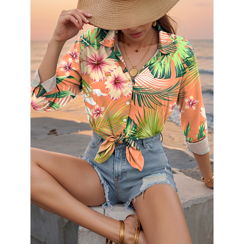 Damen Hawaiian Shirts Lässige Blumenblätter Reguläre Tops Langarmshirt Kragen Knöpfe Druck Reguläre Passform Alltag Orange Sommerferien Kleidung Strandbekleidung Lightinthebox