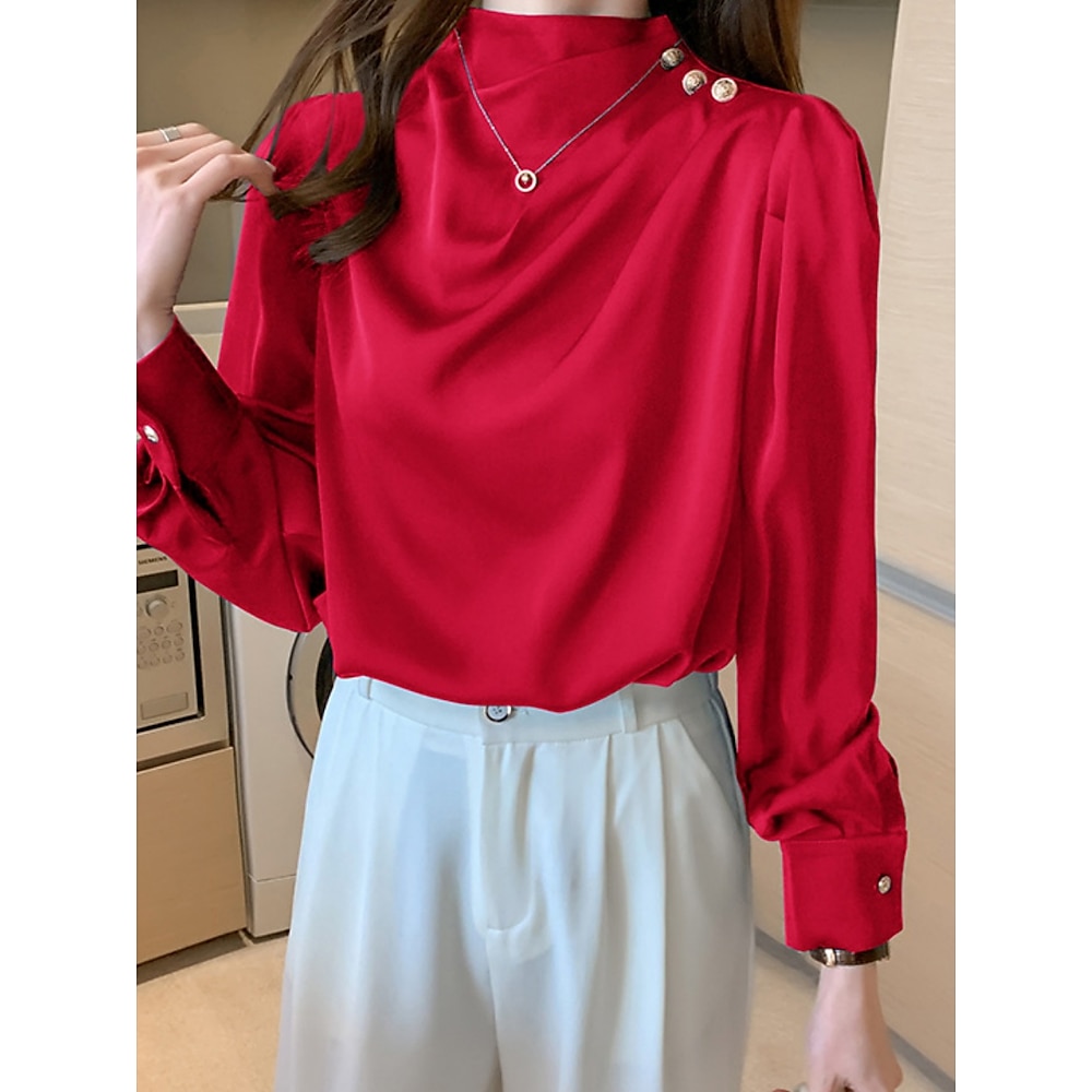 Damen Hemd Bluse Basic Brautkleider schlicht Feste Farbe Normale Oberteile Langarm Rollkragen Rüschen Regular Fit Täglich Weiß Rote Blau Sommer Frühling Herbst Lightinthebox