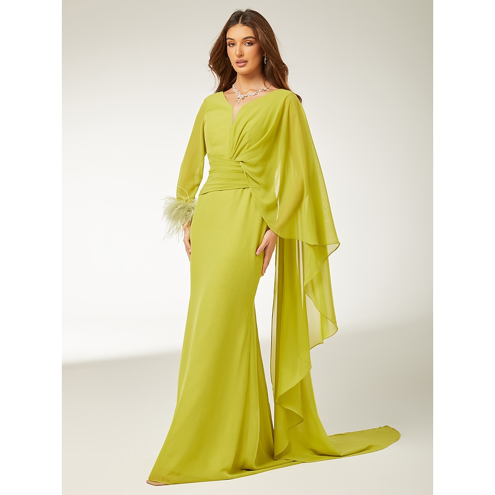 Trompete / Meerjungfrau Abendkleider Elegant Kleid Formal Herbst Boden-Länge Langarm V Ausschnitt Chiffon mit Feder Gerafft Rüschen 2024 Lightinthebox