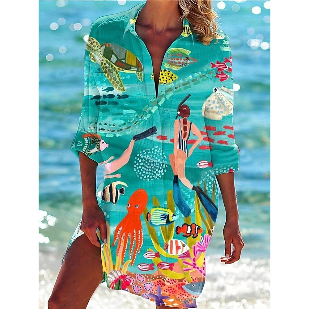 Damen Bluse Stilvoll Strand Design Graphic Lange Oberteile Langarm Hemdkragen Knopf Bedruckt Formschluss Grün Frühling Herbst Lightinthebox