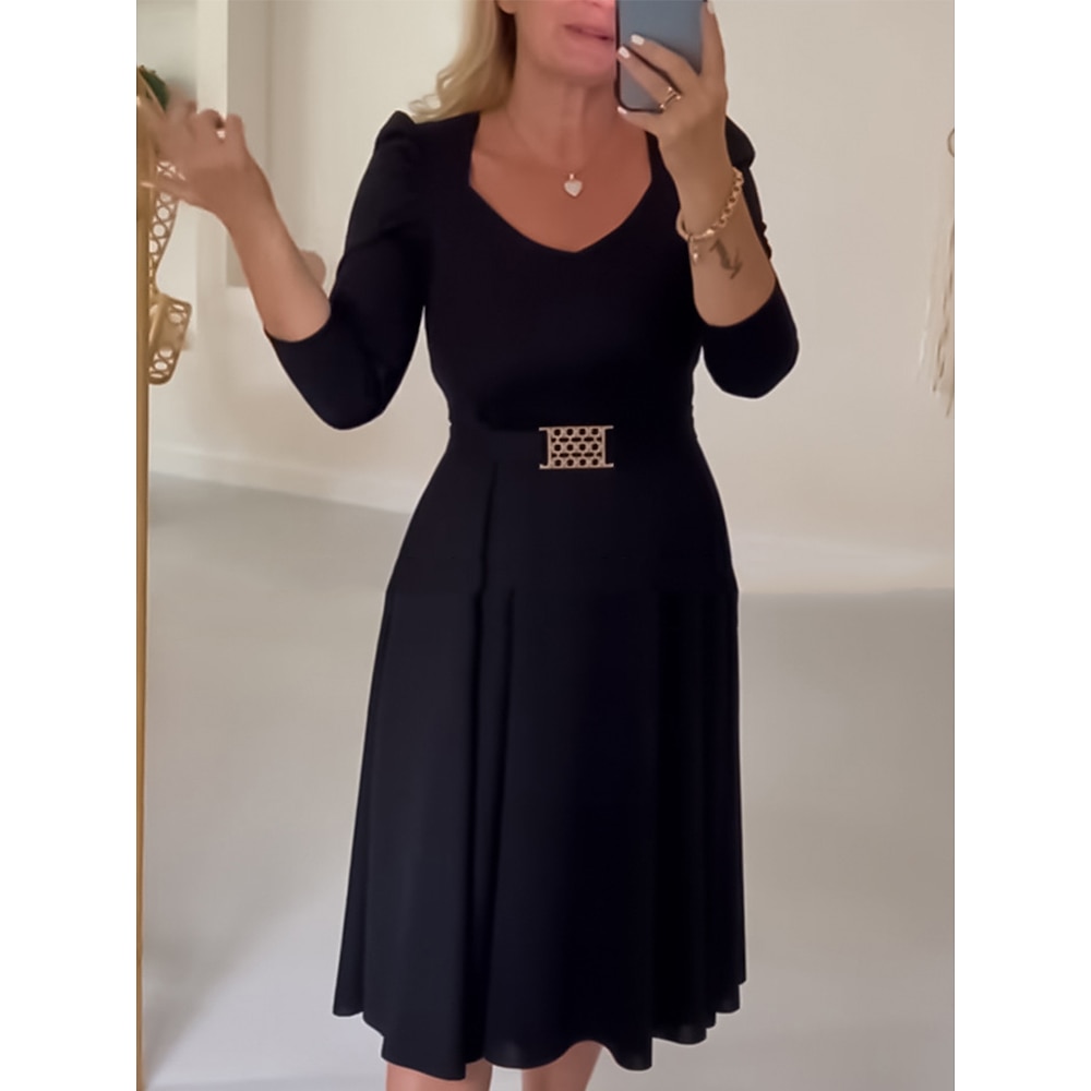 Damen Schaukelkleid A Linie Kleid Elegant Stilvoll Brautkleider schlicht Glatt Midikleid Langarm Rundhalsausschnitt Patchwork Regular Fit Urlaub Täglich Schwarz Frühling Herbst Lightinthebox