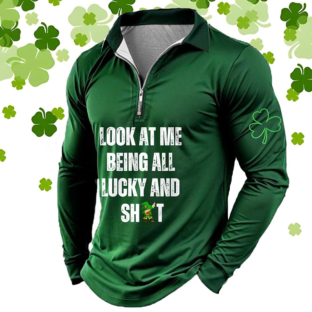 St. Patrick Herren Vierblättriges Kleeblatt Poloshirts mit Reißverschluss Langarm Polo-Shirts Hemden mit Kragen Brautkleider schlicht Outdoor Strasse Athlässigkeit Festival-Outfit 3D-Druck Schwarz Lightinthebox