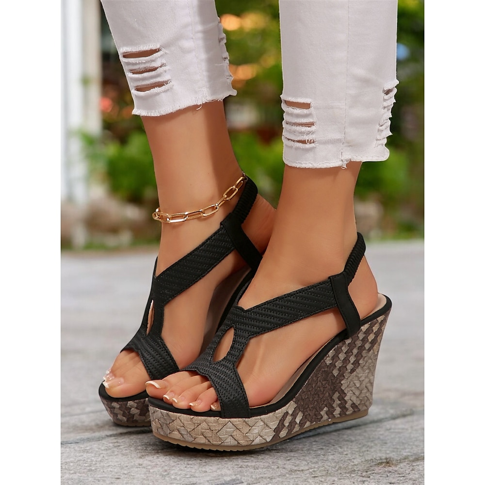 Schwarze Keilsandalen mit T-Riemen für Damen mit strukturiertem Muster und offenem Zehendesign, stylische Sommerschuhe für die Freizeit und den Strand Lightinthebox