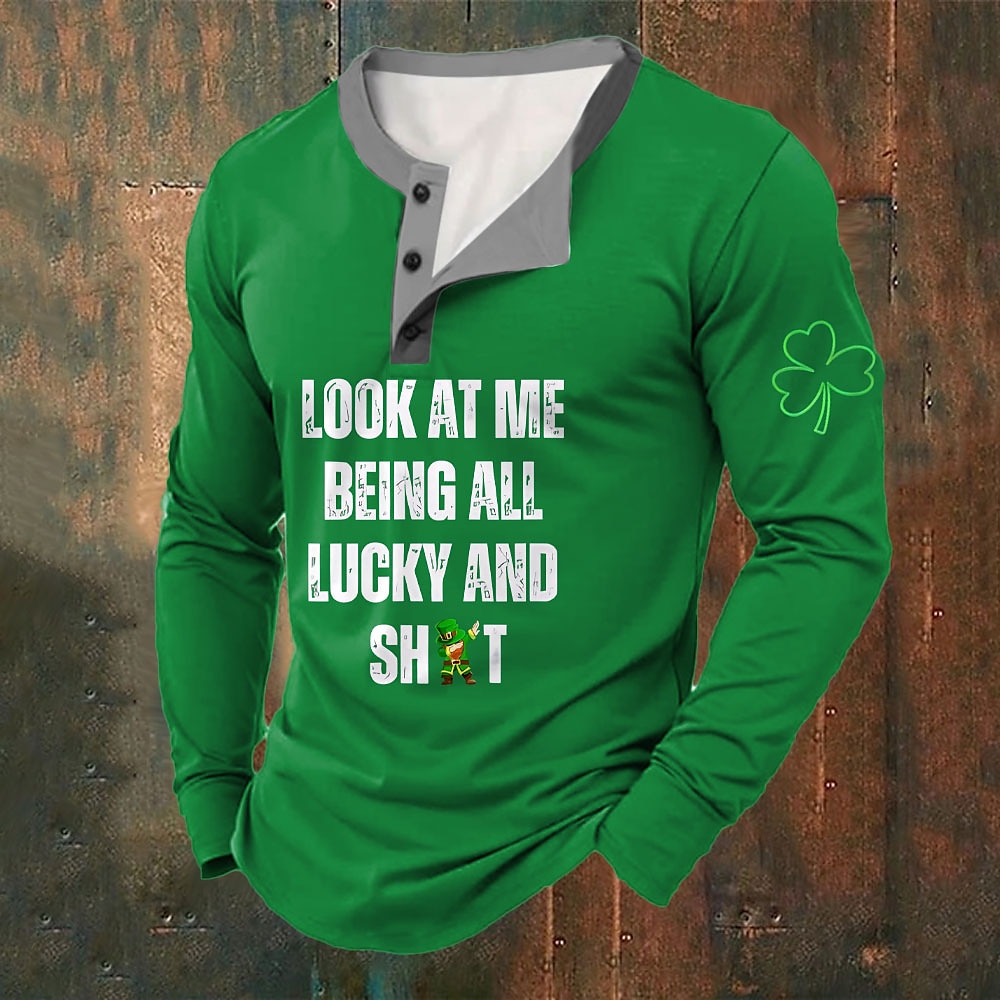 St. Patrick Herren Buchstabe Lustig Henley Shirt langarmshirt Langarm T-Shirt 3d Drucken Henley-Kragen Knopf Henley Hemd Sport Modisch Täglich Strasse Casual Täglich Schwarz Hellgrün Dunkelgrün Lightinthebox