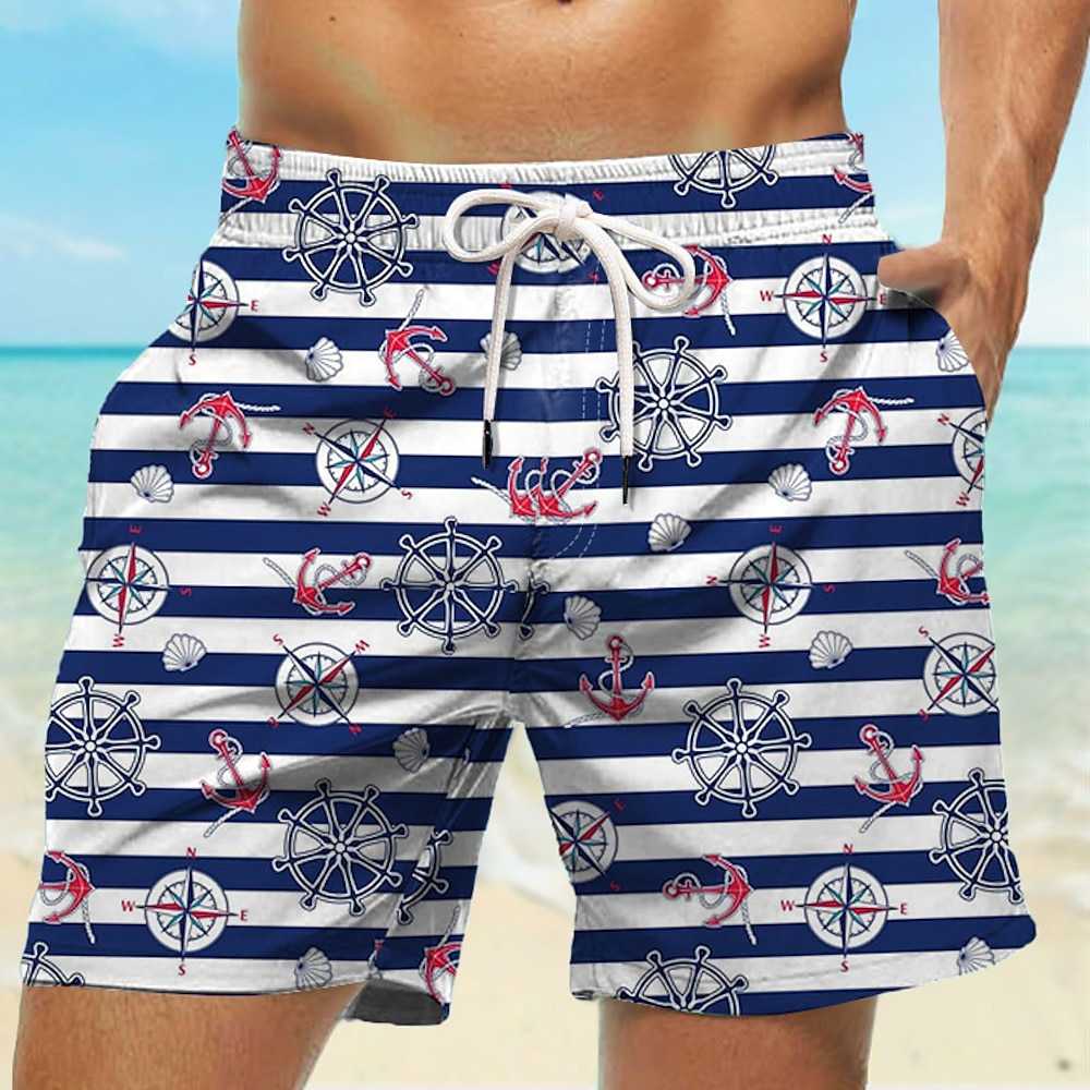 Herren Nautisch Kompass Meeresbewohner Shorts Kurze Hosen Sommer-Shorts Strandshorts Kurze Hosen Mittlere Taillenlinie Tropisch Strassenmode Hawaiianisch Urlaub Täglich Festtage Kordelzug Elastische Lightinthebox