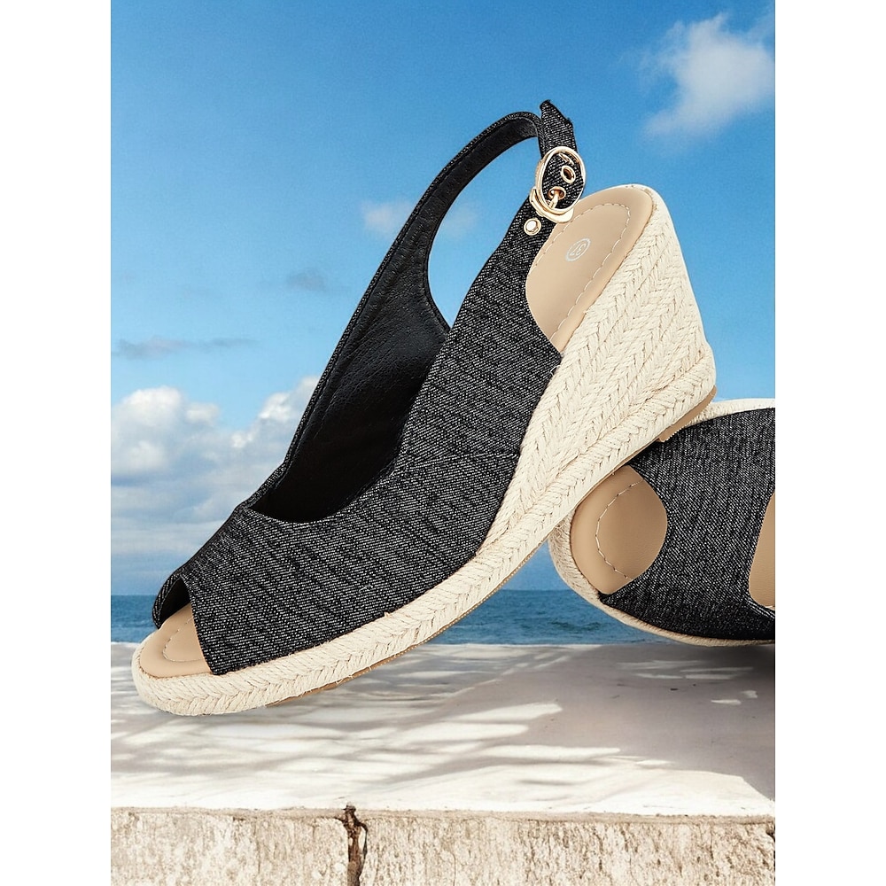 Schwarze Peep-Toe-Espadrilles mit Keilabsatz und Slingback-Riemen für Damen, bequeme Sommersandalen für den Strandurlaub, Freizeitausflüge und den Alltag Lightinthebox