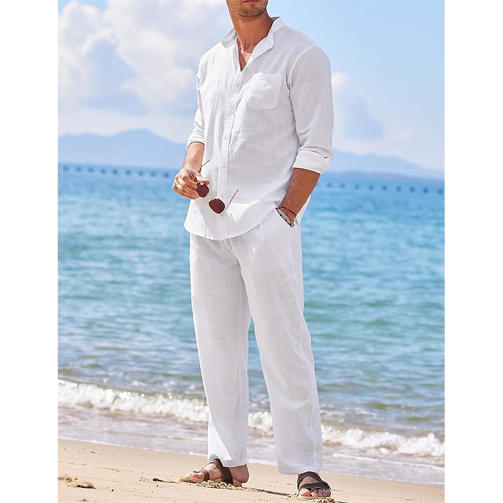 Herren 2 Stück Hemden-Set Sommerhemd Strandhemd Knopfhemd Glatt Urlaub Casual Schwarz Weiß Blau Khaki Langarm Kragen Frühling Sommer Bekleidung Lightinthebox