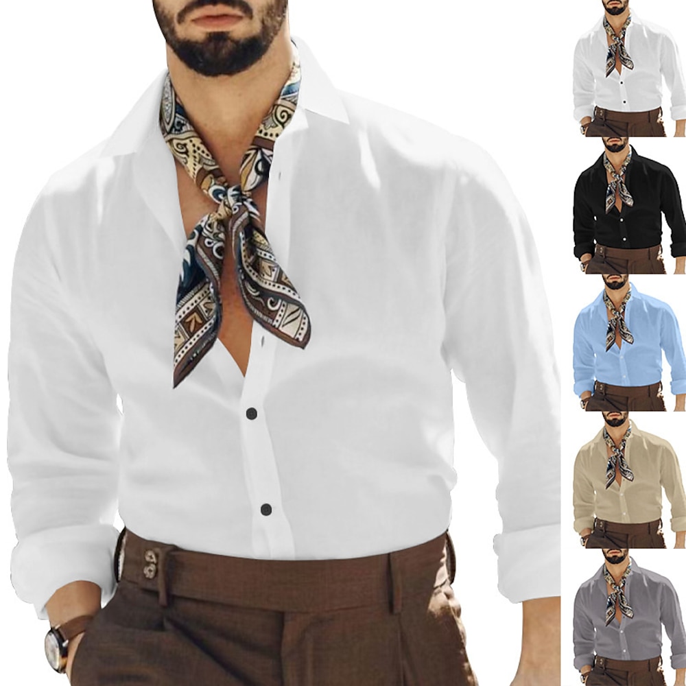 Herren Hemd leinenhemd Lässiges Hemd Knopfhemd Baumwoll-Shirt Glatt Urlaub Hawaiianisch Schwarz Weiß Khaki Grau Langarm Stehkragen Frühling Herbst Bekleidung Button-Down Lightinthebox