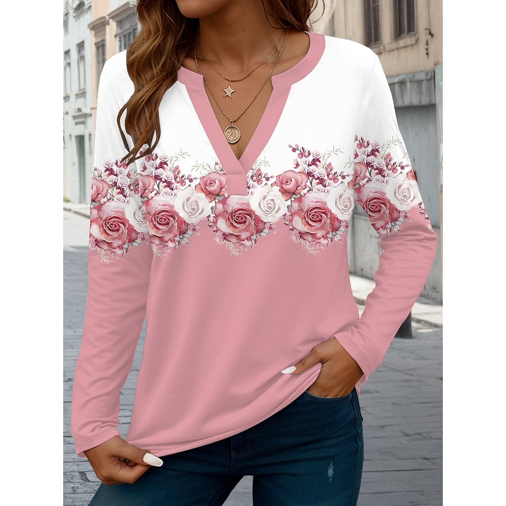 Damen T Shirt Brautkleider schlicht Blumen Normale Oberteile Langarm Gekerbter Hals Knopf Bedruckt Regular Fit Täglich Rosa Frühling Herbst Lightinthebox