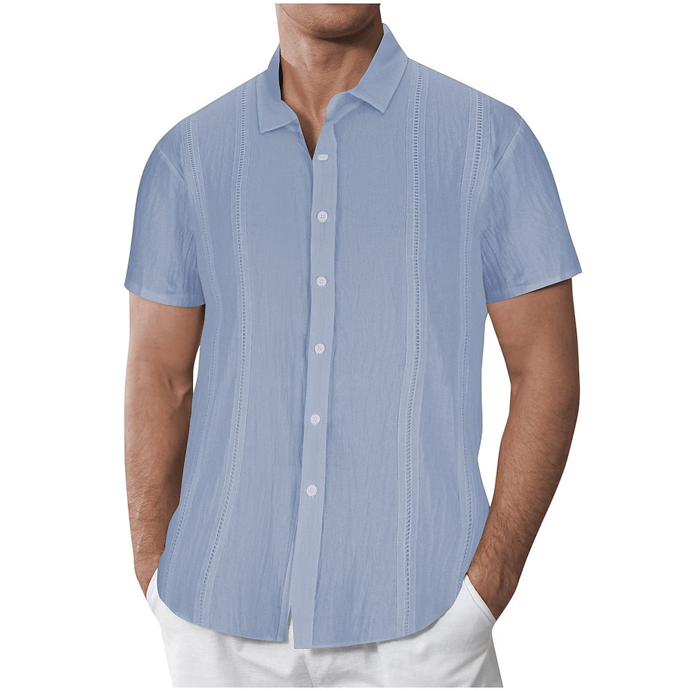 Herren leinenhemd Guayabera Hemd Sommerhemd Strandhemd Feste Farbe Urlaub Strasse Schwarz Weiß Blau Khaki Kurzarm Gefaltete Kragen Frühling Sommer Bekleidung Lightinthebox