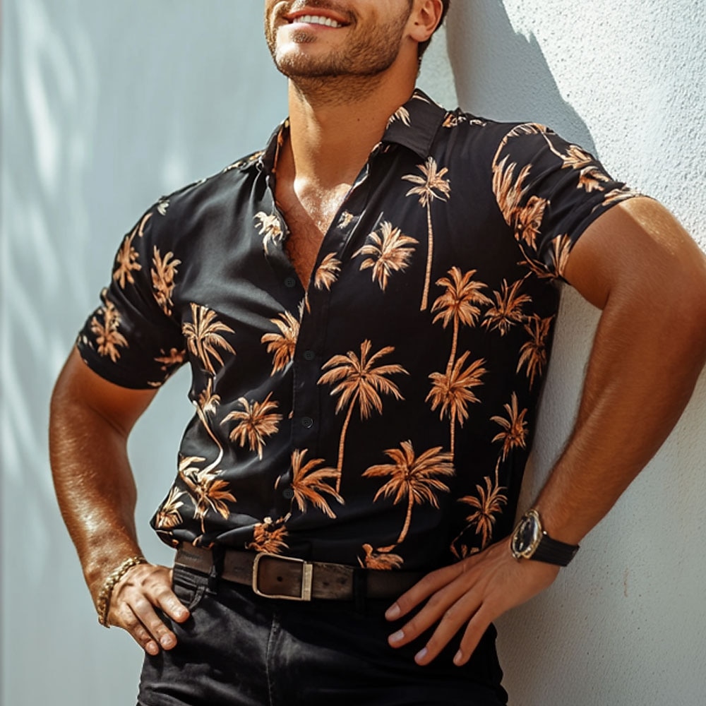 Herren Blatt Aloha-Shirt Kurzarm Hawaiianisch Urlaub Sommer Frühling Umlegekragen Knopf hoch Orange Lightinthebox