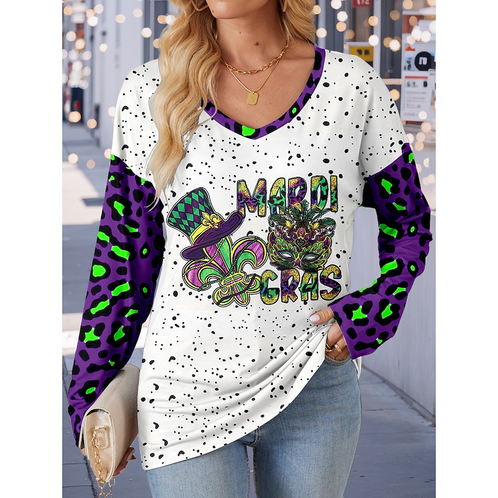 Damen T Shirt Brautkleider schlicht Karnival Leopard Buchstabe Lange Oberteile Langarm V Ausschnitt Bedruckt Regular Fit Täglich Wochenende Purpur Herbst Winter Lightinthebox