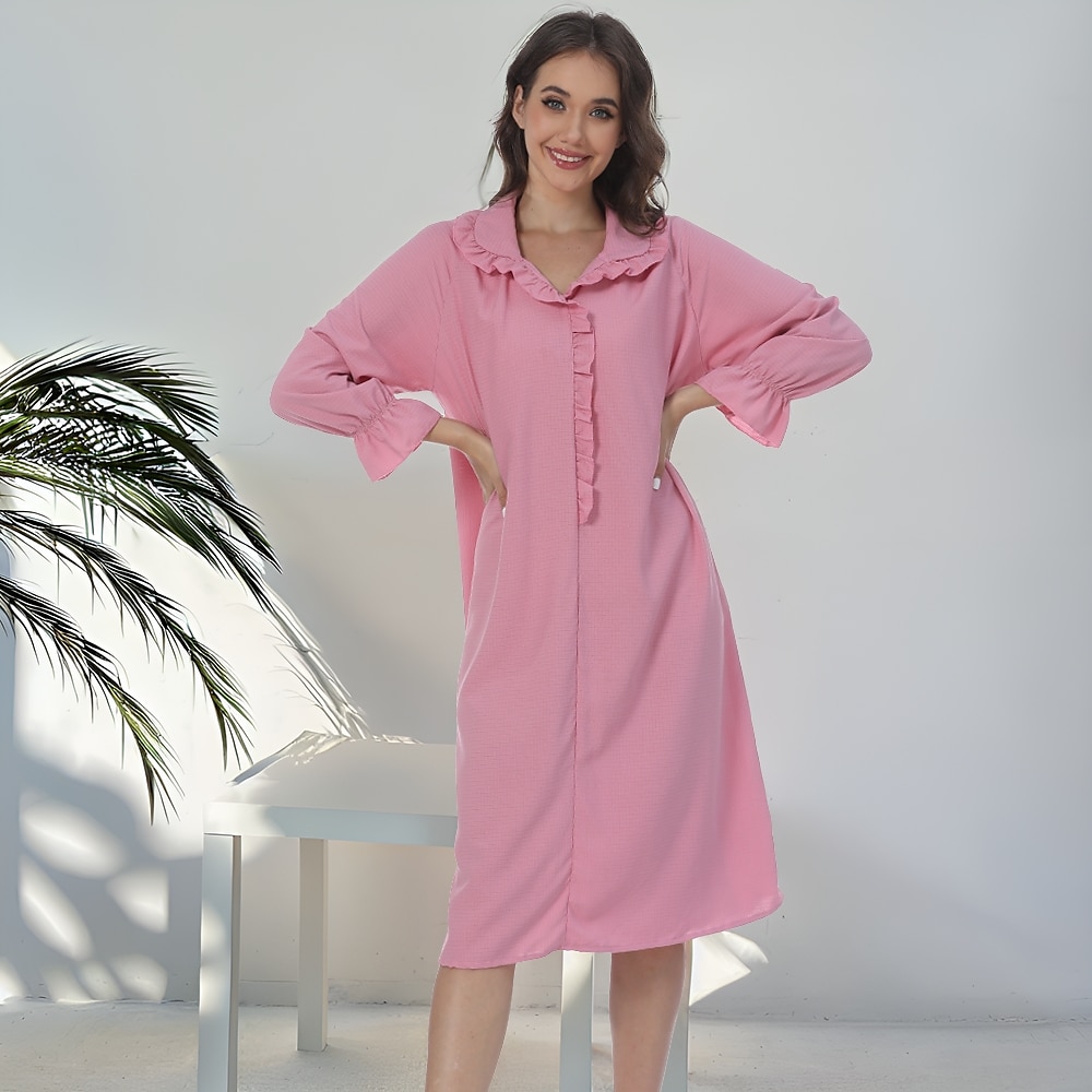 Damen-Schlafanzug, Loungewear, Nachthemd, reine Farbe, schlicht, lässig, bequem, Geschenk für Zuhause, täglicher Komfort, Geschenk, Revers, langärmeliges Kleid, Rüschen, Sommer, Frühling Lightinthebox