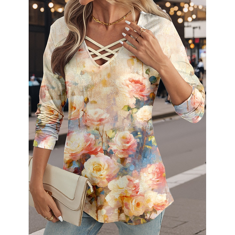 Damen T Shirt Brautkleider schlicht Blumen Normale Oberteile Langarm V Ausschnitt Ausgeschnitten Bedruckt Regular Fit Täglich Beige Frühling Herbst Lightinthebox