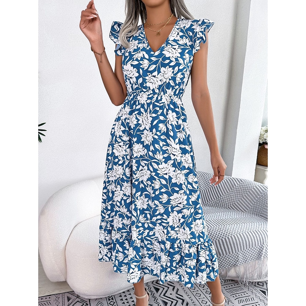 Damen Casual kleid A Linie Kleid Tank-Top Kleid Stilvoll Brautkleider schlicht Blumen Midikleid Ärmellos V Ausschnitt Rüsche Bedruckt Regular Fit Urlaub Täglich Hellgrün Dunkelblau Sommer Frühling Lightinthebox