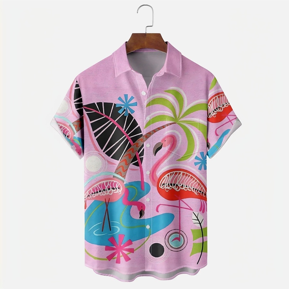 Herren Flamingo Palmblatt Lässiges Hemd Aloha-Shirt Kurzarm Hawaiianisch Urlaub Athlässigkeit Sommer Frühling Umlegekragen Knopf hoch Tasche Rosa Lightinthebox