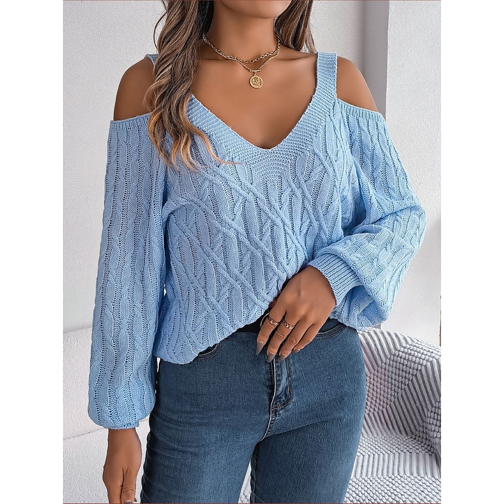 Damen Pullover Brautkleider schlicht Weich Einfarbig Gedrehtes V Ausschnitt Strick Kalte Schulter Langarm Normale Oberteile Stricken Outdoor Täglich Wochenende Weiß Blau Herbst Winter Lightinthebox