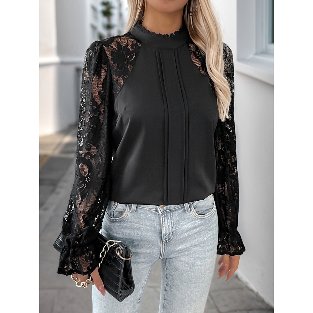 Damen Hemd Bluse Basic Brautkleider schlicht Feste Farbe Normale Oberteile Langarm Rollkragen Spitze Patchwork Regular Fit Täglich Schwarz Sommer Frühling Lightinthebox