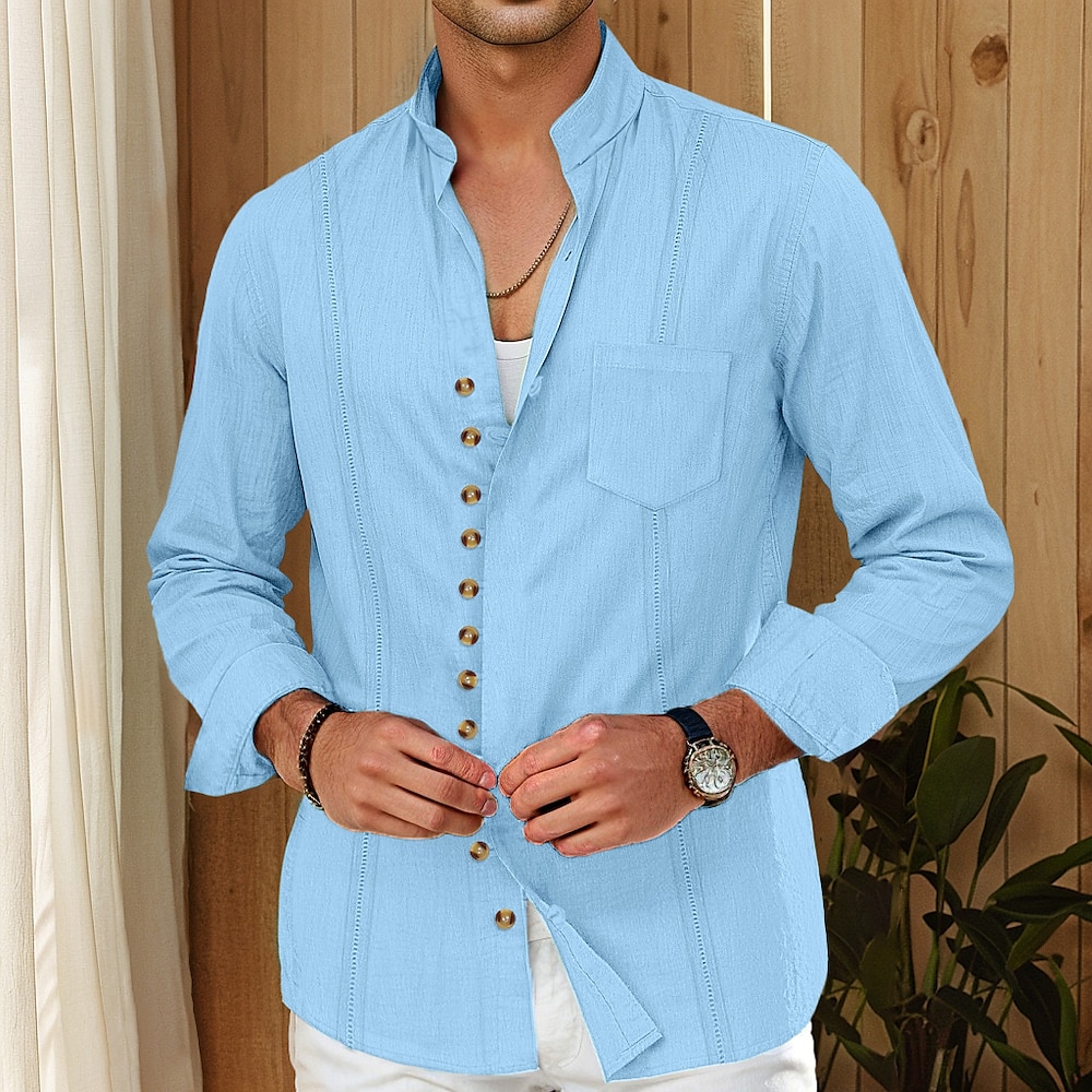 Herren Hemd leinenhemd Guayabera Hemd Sommerhemd Lässiges Hemd Knopfhemd Glatt Heim Täglich Weiß Rosa Khaki Leicht Blau Langarm Stehkragen Sommer Frühling Herbst Bekleidung Lightinthebox