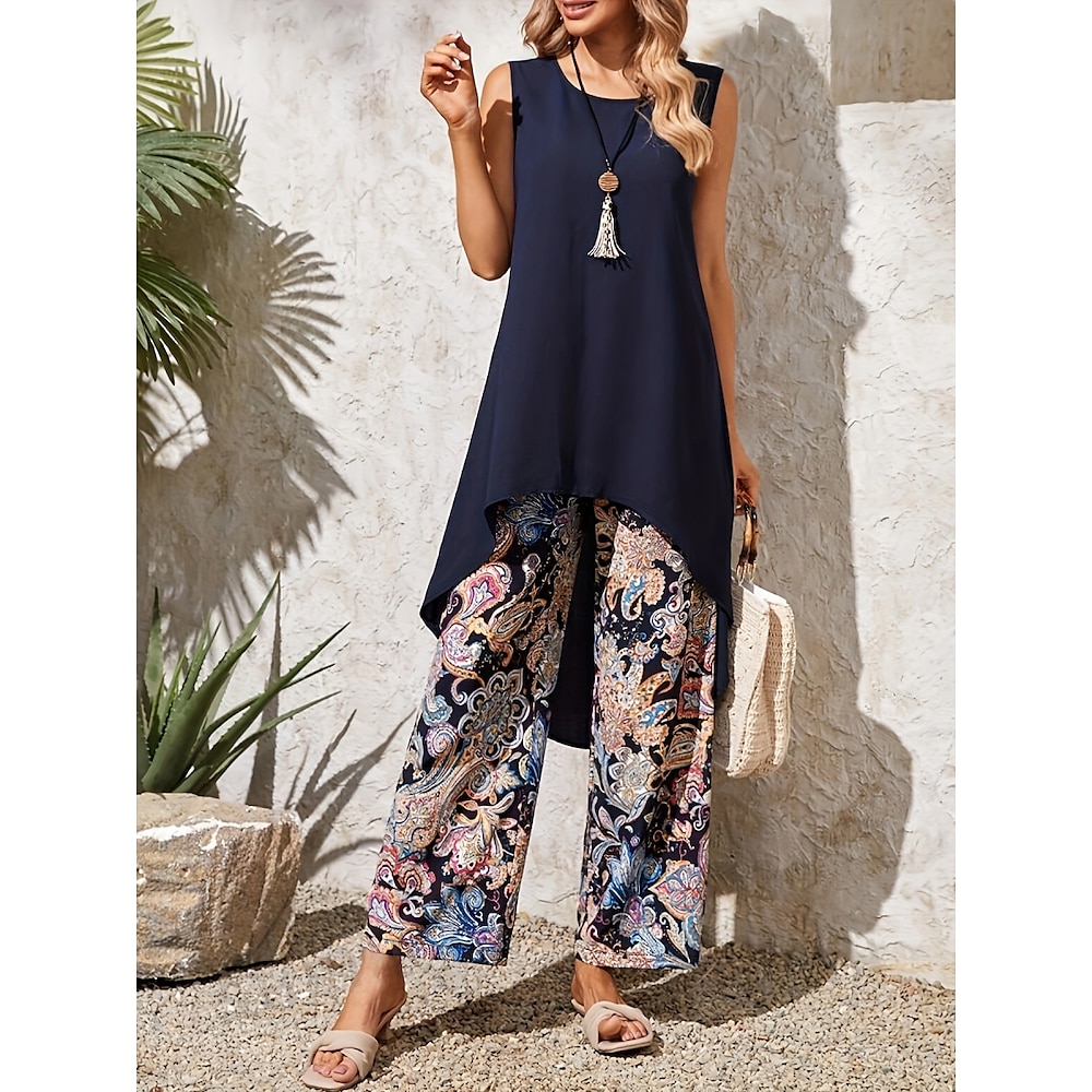 Damen Modisch Strassenmode Täglich Tank Top Camis Hose mit weitem Bein Ärmellos Rundhalsausschnitt Paisley-Muster Bedruckt Casual Täglich Marineblau Frühling Herbst Regular Fit Lightinthebox