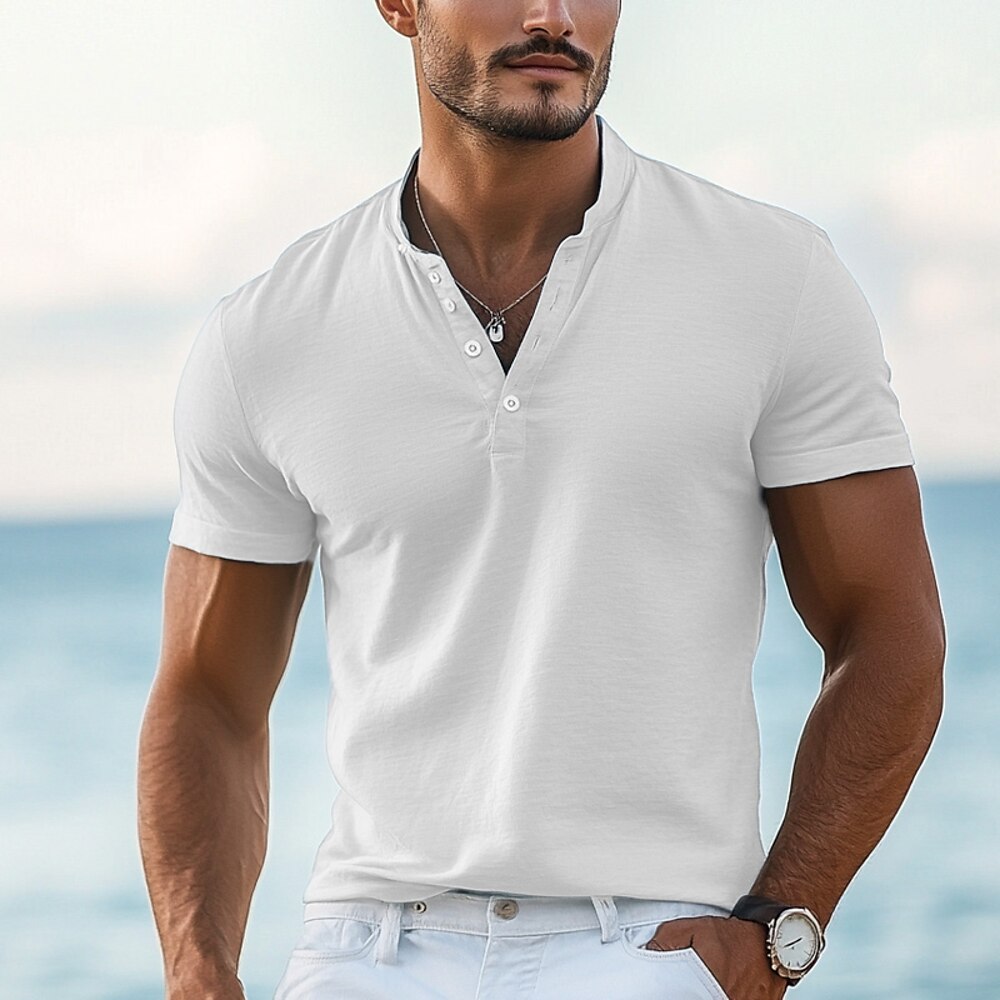 Herren T Shirt Henley Shirt T-Shirt Kurze Ärmel Glatt Designer Basic Moderne zeitgenössische Knopf Henley Urlaub Strasse Ausgehen Sommer Wein Schwarz Weiß Henley T-Shirt Lightinthebox