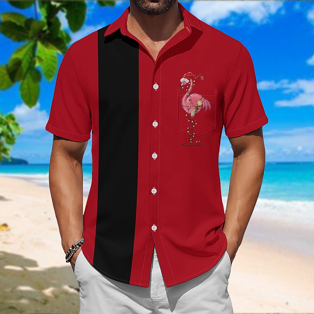 Herren Farbblock Flamingo Türkei Hawaiihemd Sommerhemd Bowling-Shirt Kurze Ärmel Modisch lässig Outdoor Urlaub Strasse Frühling Sommer Hemdkragen Print Rote Lightinthebox