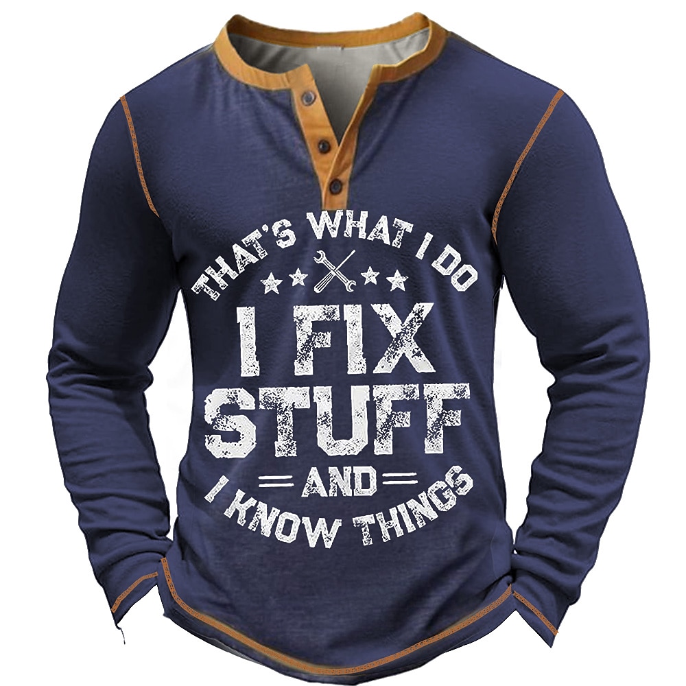 Herren Graphic Buchstabe I FIX STUFF Henley Shirt Tee Langarm Vintage Modisch Designer Outdoor Casual Täglich Frühling Herbst Armee-Grün Dunkelgrau Marineblau Dunkelblau Henley Henley T-Shirt Lightinthebox