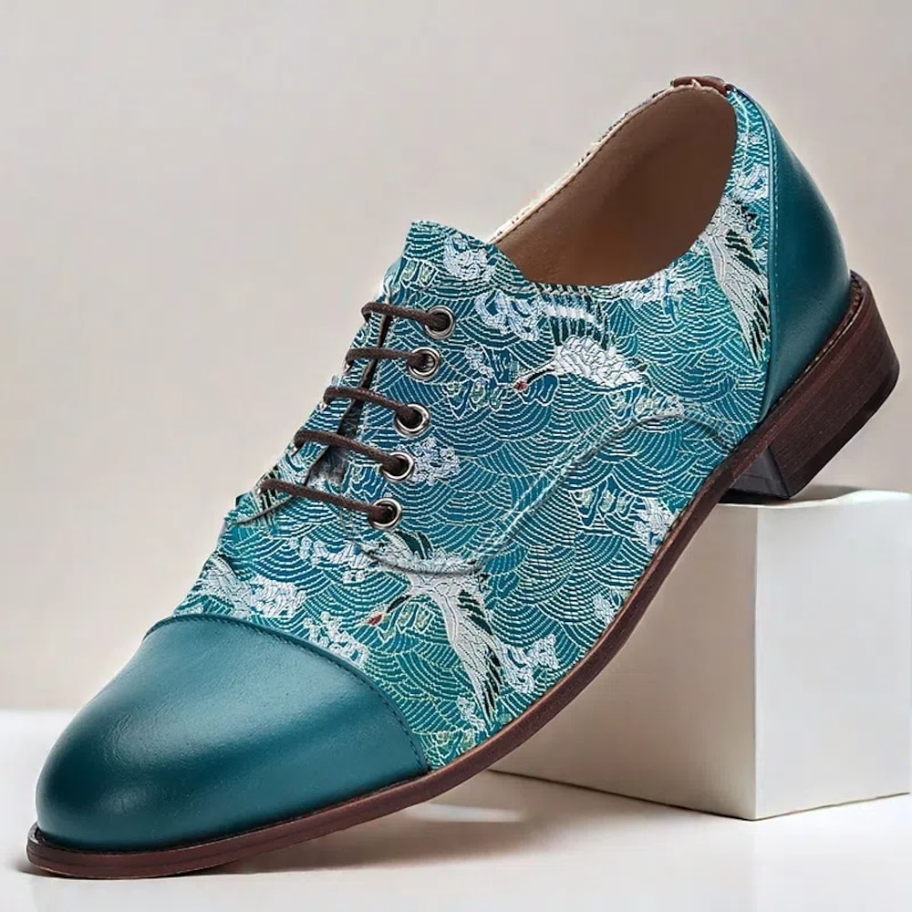 Blaue Oxford-Schuhe aus Kunstleder für Herren mit Kranich-Stickerei und Wellenmuster | stilvolle Abendschuhe, perfekt für formelle Anlässe Lightinthebox