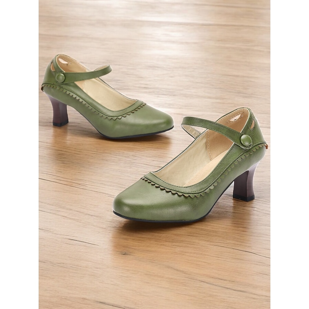 Grüne Mary-Jane-Pumps aus Kunstleder im Vintage-Stil für Damen mit gewelltem Rand und Knopfdetail - bequeme niedrige Absätze für die Arbeit, formelle Anlässe und Outfits im Retro-Stil Lightinthebox