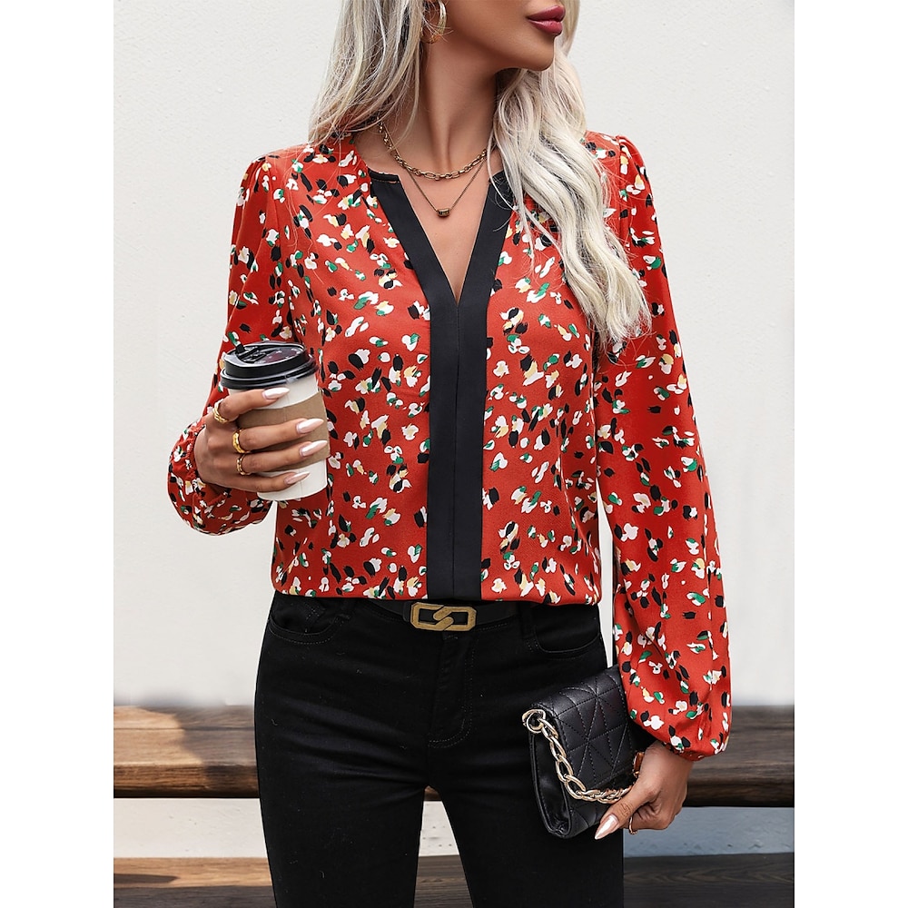 Damen Hemd Bluse Stilvoll Brautkleider schlicht Blumen Normale Oberteile Langarm V Ausschnitt Bedruckt Regular Fit Täglich Rote Sommer Frühling Herbst Lightinthebox