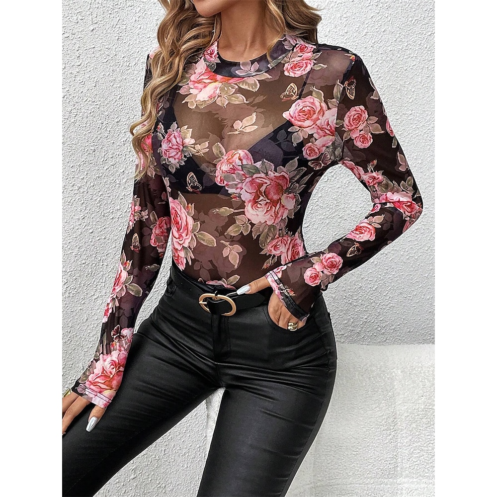 Damen Bluse Elegant Täglich Stilvoll Blumen Graphic Normale Oberteile Langarm Stehkragen Regular Fit Täglich Ausgehen Schwarz Frühling Herbst Winter Lightinthebox