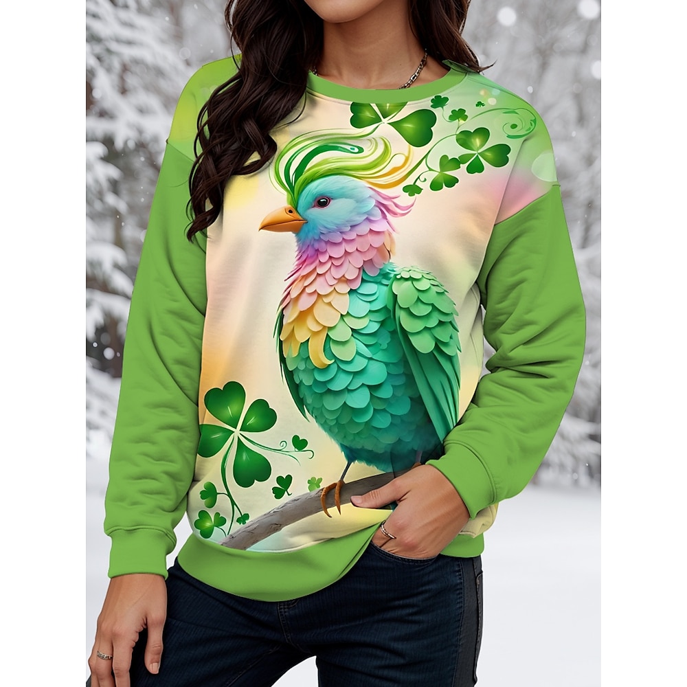 Damen-Sweatshirt zum St. Patrick's Day, Polyester, Kleeblatt-Straßendruck, lässiger Rundhalsausschnitt, lange Ärmel, mikroelastisch, Frühlingamp; fallen Lightinthebox