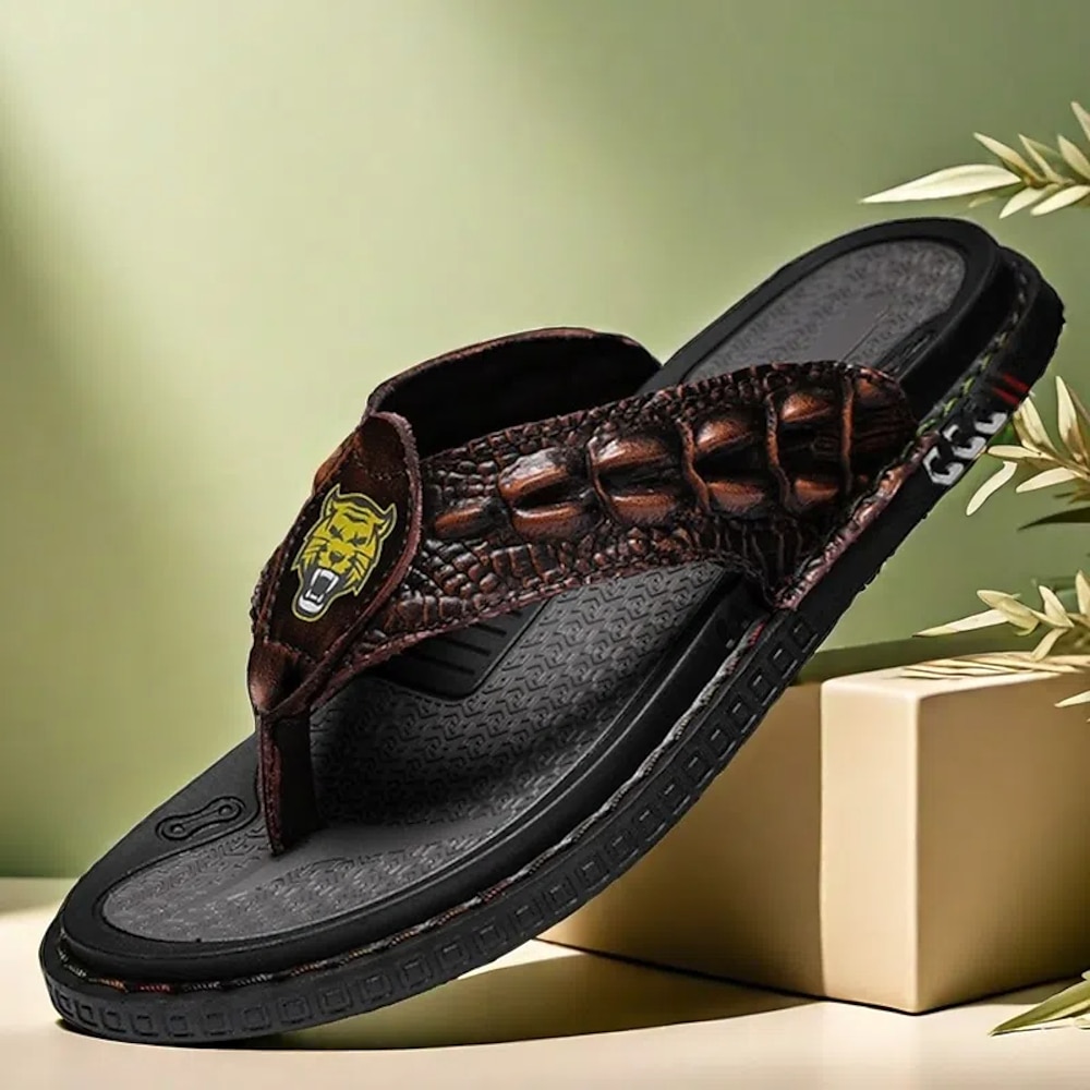 Flip-Flops aus Kunstleder mit Krokoprägung für Herren - stylische Sommersandalen mit Tiger-Logo für Strand und Freizeit Lightinthebox