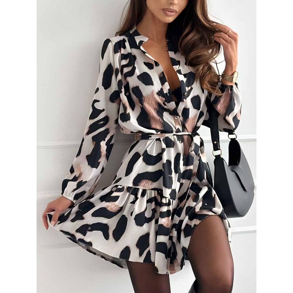 Damen Polyester Leopard Hemdkragen Minikleid Langarm Sommer Frühling Lightinthebox